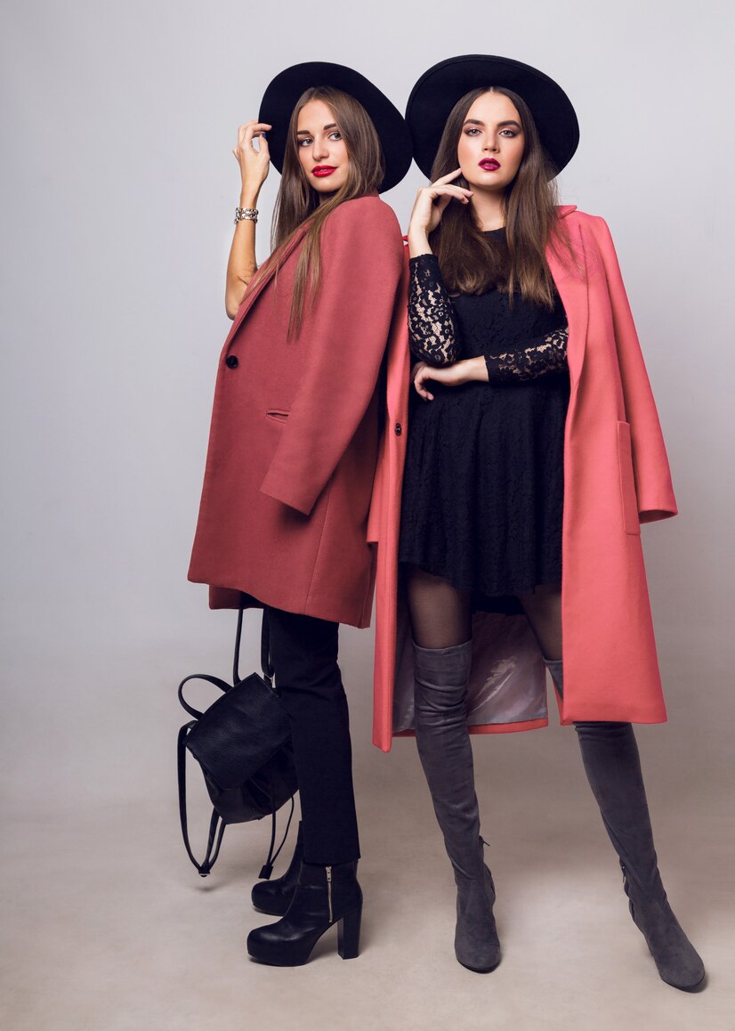Two Fashionable Young Women Casual Trendy Spring Coat Boots With Heels Black Hat Stylish Handbag 273443 2436
